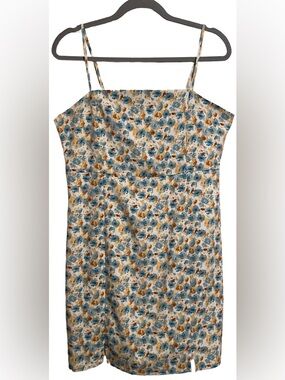 Versona brand Floral Spaghetti Strap Sundress in Blue & Mustard